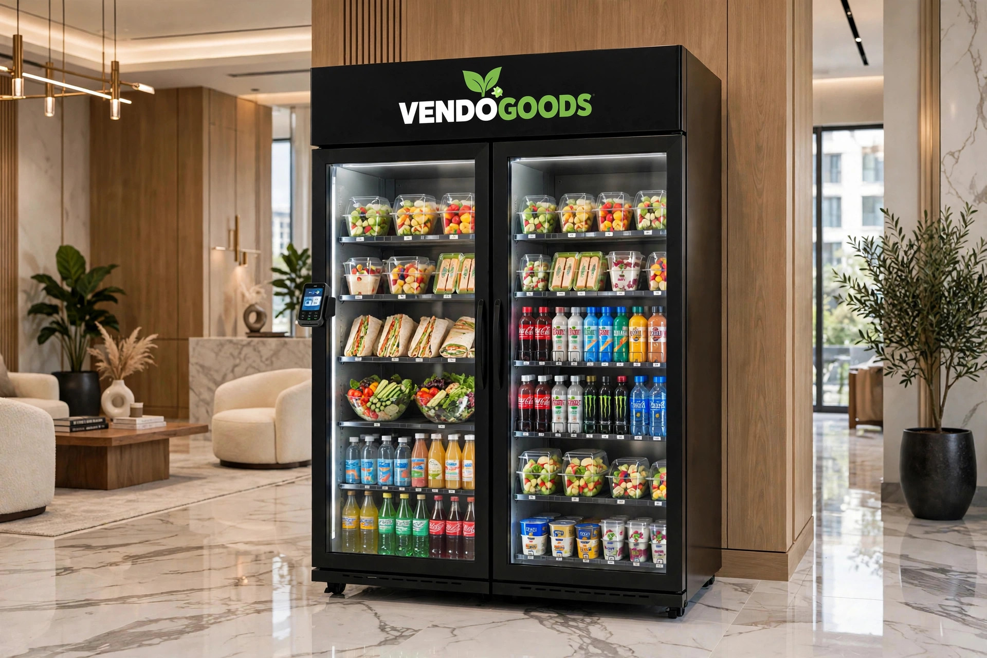 VendoGoods double-door smart cooler in a luxury lobby