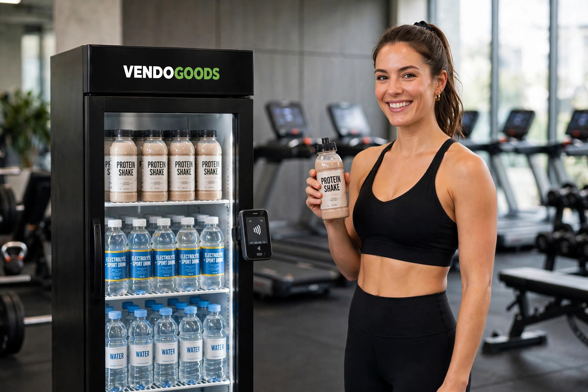 Woman grabbing a cold drink from a VendoGoods smart market in a bright luxury residence lobby