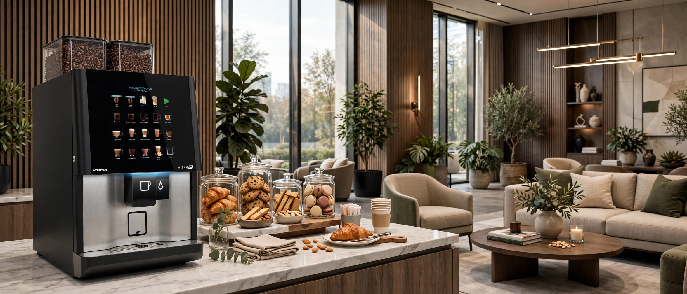 High-end residential lobby coffee station with snacks