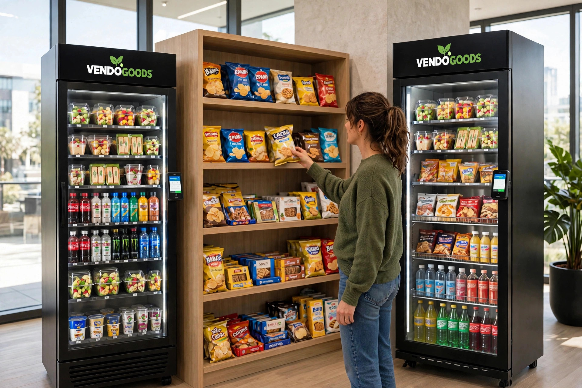 VendoGoods micro market with smart coolers and open snack shelving