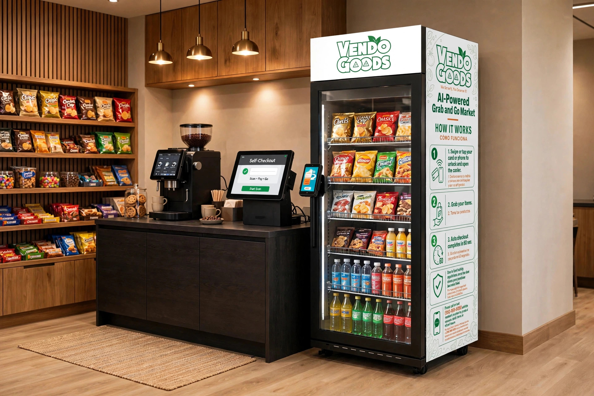 VendoGoods mini market wall with snack shelving, self-checkout and coffee machine