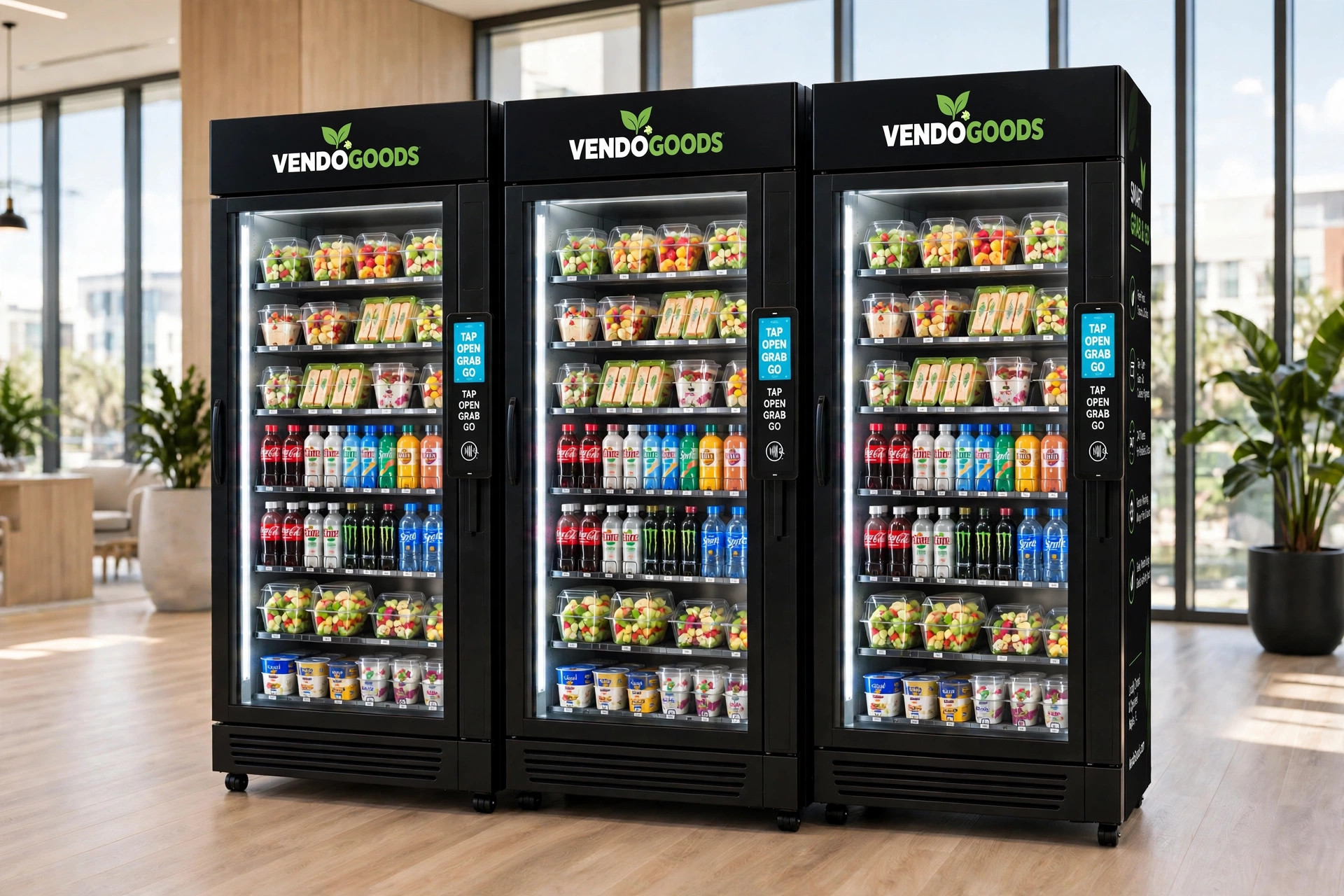 Three VendoGoods smart coolers side by side as a mini market wall