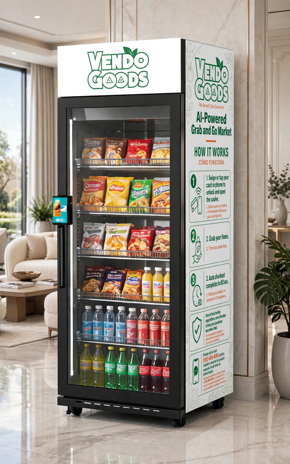 White VendoGoods smart cooler against the wall in a bright residential lobby